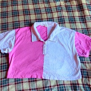 pink and white cropped polo